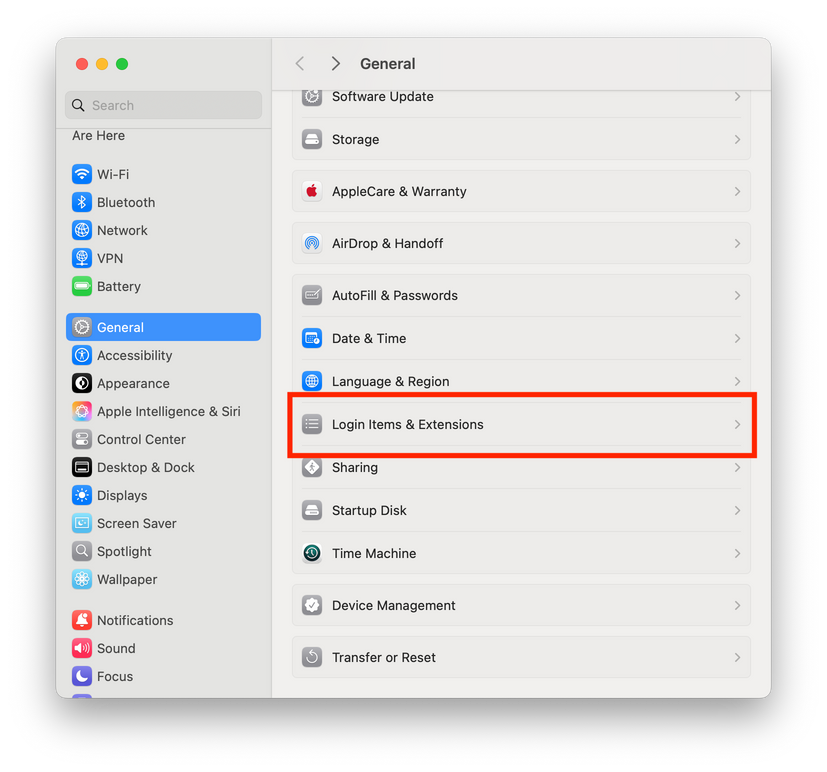 MacOS General menu