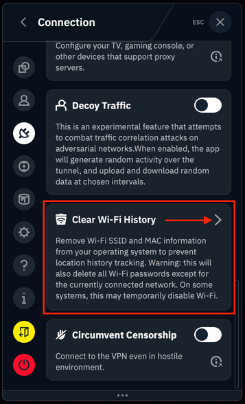 Clear Wi-Fi History section