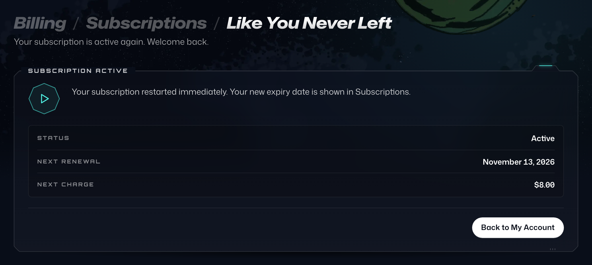 The Like You Never Left page, showing Subscription Active